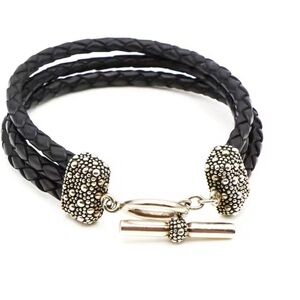 Michael Dawkins Black Leather Braided Bracelet with Silver Detailing